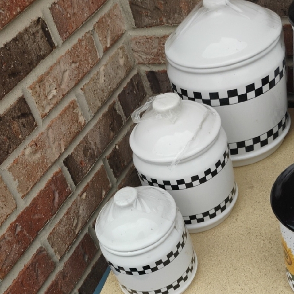 White Ceramic Canister Set with Black Checkered Pattern